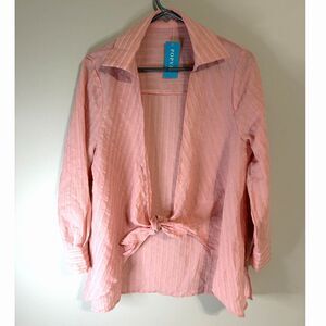 POPVIL Pink Striped Tie Front Blouse Cottagecore Coastal Cover Up